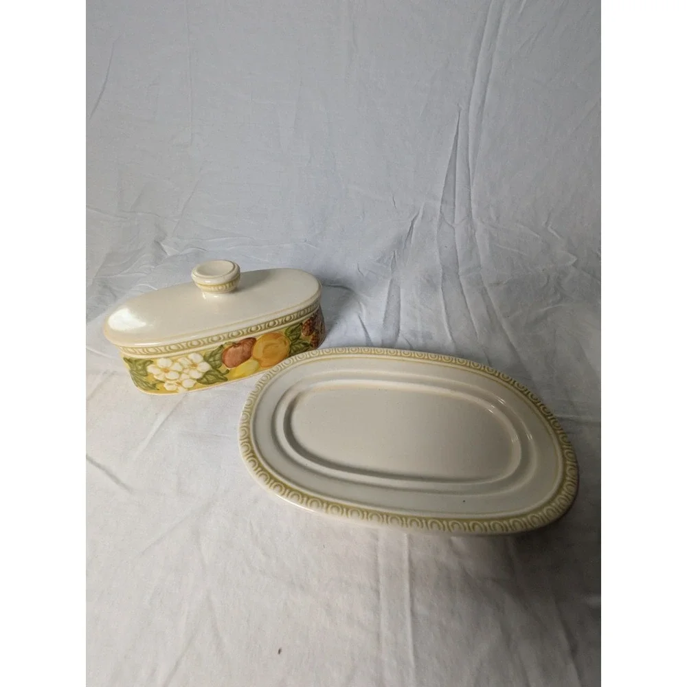 Vintage Vernon WareFruit Pattern Covered Butter Dish with Tray Cream Ceramic Ova